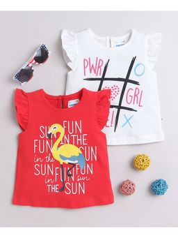 Bumzee - Off White & Red Girls Ruffled Sleeves T-Shirts (Pack of 2)