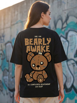 Bewakoof - Women's Black Bearly Awake Graphic Printed Oversized T-shirt