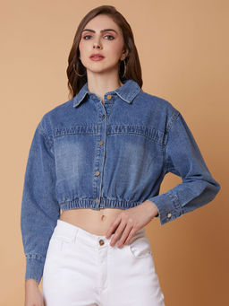 SHOWOFFFF - Women Blue Crop Denim Jacket