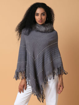 SHOWOFFFF - Women Embellished Grey Longline Poncho