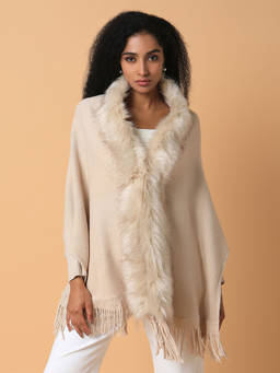 SHOWOFFFF - Women Solid Beige Longline Poncho