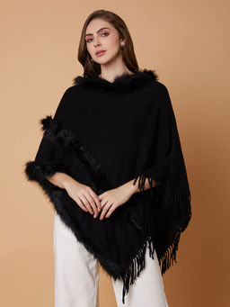 SHOWOFFFF - Women Solid Black Longline Poncho