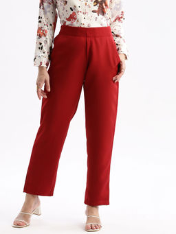 SHOWOFF - Women Flat Front Solid Red Formal Trousers