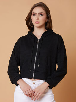 SHOWOFFFF - Women Solid Black Hooded Sweatshirt