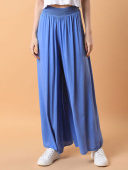 SHOWOFF - Women Solid Blue Pleated Loose Fit Palazzo