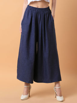 SHOWOFF - Women Solid Navy Blue Pleated Loose Fit Palazzo
