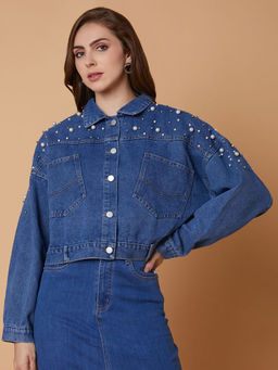 SHOWOFFFF - Women Drop Shoulder Oversized Blue Denim Jacket