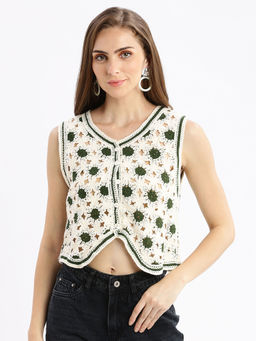 SHOWOFFFF - Women Cream and Green Self Design Sheer Crop Shrug
