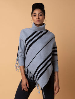 SHOWOFF - Women Striped Grey Longline Poncho