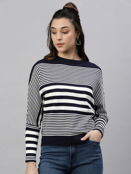 SHOWOFFFF - Women Stripes Navy Blue Top