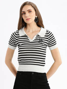 SHOWOFFFF - Women Stripes White Polo T-Shirt