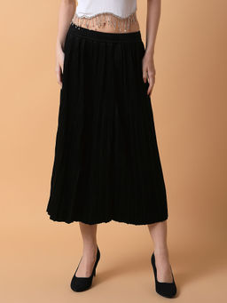 SHOWOFF - Women Solid Black Flared Midi Skirt