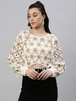 SHOWOFFFF - Women Self Design Cream Cape Crop Crochet Top