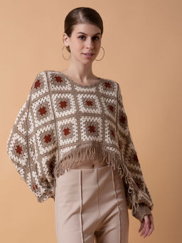 SHOWOFFFF - Women Self Design Beige Cape Crop Crochet Top