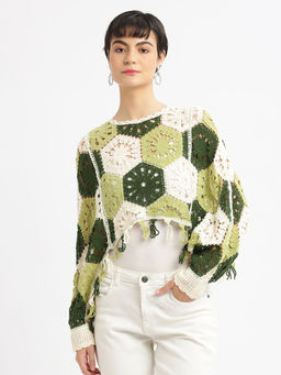 SHOWOFFFF - Women Self Design Green Cape Crop Crochet Top