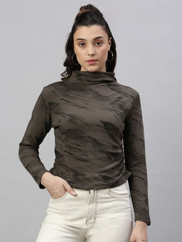 SHOWOFF - Women Abstract Brown Fitted Top