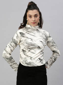 SHOWOFFFF - Women Abstract Cream Fitted Top