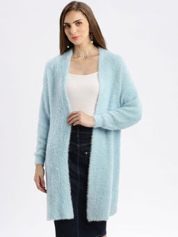 SHOWOFFFF - Women Blue Solid Open Front Longline Shrug