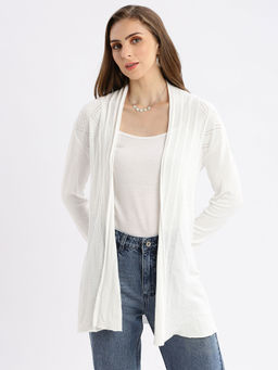 SHOWOFFFF - Women White Self Design Open Front Longline Shrug