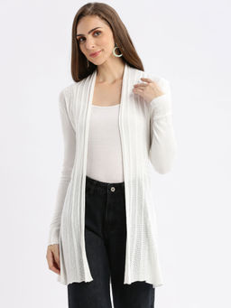 SHOWOFFFF - Women White Self Design Open Front Longline Shrug