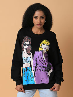 SHOWOFF - Women Graphic Black Oversized Pullover Sweatshirt
