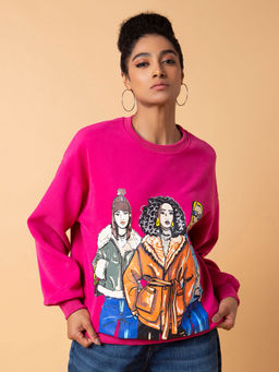 SHOWOFF - Women Graphic Pink Oversized Pullover Sweatshirt