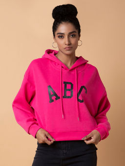 SHOWOFF - Women Typography Pink Oversized Crop Pullover Sweatshirt