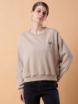 SHOWOFFFF - Women Solid Beige Drop Shoulder Pullover Sweatshirt