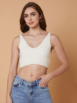 SHOWOFFFF - Women Solid Cream Bralette Crop Top