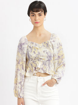 SHOWOFFFF - Women Abstract Lavender Fitted Ruched Crop Top