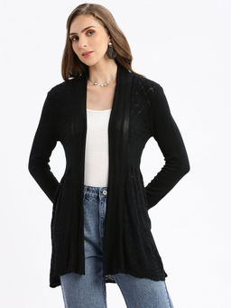 SHOWOFFFF - Women Black Self Design Open Front Longline Shrug