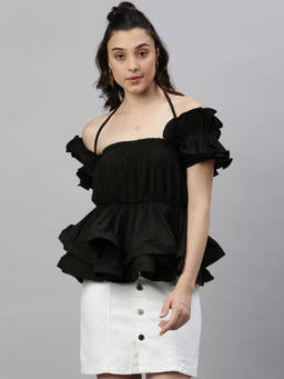 SHOWOFFFF - Women Solid Black Cinched Waist Top