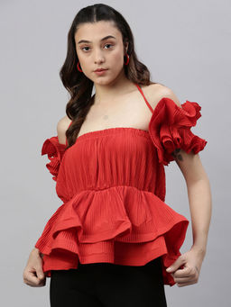 SHOWOFF - Women Solid Red Cinched Waist Top