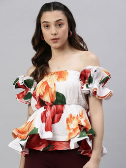 SHOWOFF - Women Abstract Off White Cinched Waist Top