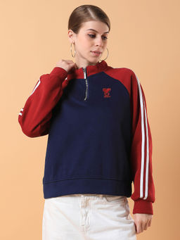SHOWOFFFF - Women Colorblocked Navy Blue Drop Shoulder Pullover Sweatshirt