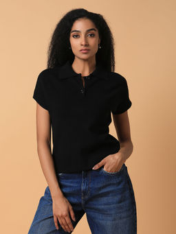 SHOWOFF - Women Solid Black Polo T-Shirt