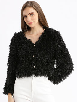 SHOWOFFFF - Women Black Self Design Crop Shrug