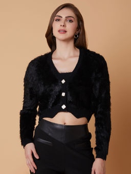 SHOWOFFFF - Women Solid Black Crop Jacket with Inner Slip (Set of 2)
