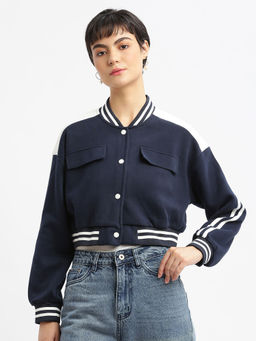 SHOWOFF - Women Navy Blue Crop Varsity Jacket