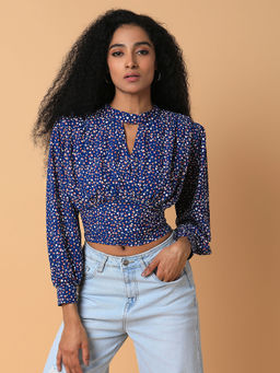 SHOWOFFFF - Women Printed Navy Blue Blouson Crop Top