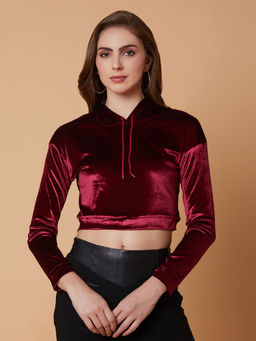 SHOWOFF - Women Solid Maroon Drop Shoulder Crop Pullover Sweatshirt