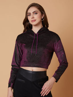SHOWOFF - Women Embellished Purple Drop Shoulder Crop Pullover Sweatshirt