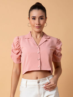 SHOWOFFFF - Women Solid Peach Blouson Crop Top
