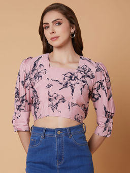 SHOWOFFFF - Women Floral Pink Blouson Crop Top