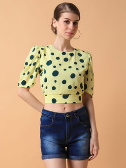 SHOWOFFFF - Women Polka Dots Yellow Blouson Crop Top