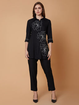 SHOWOFF - Women Embroidered Collared Black Co-Ord (Set of 2)