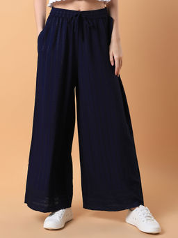 SHOWOFF - Women Navy Blue Solid Pleated Loose Fit Palazzo