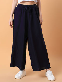 SHOWOFFFF - Women Navy Blue Solid Pleated Loose Fit Palazzo
