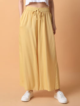 SHOWOFF - Women Yellow Solid Pleated Loose Fit Palazzo