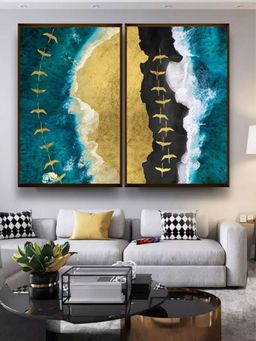 The Art House - Blue Golden Abstract Painting Wall Art Set of 2